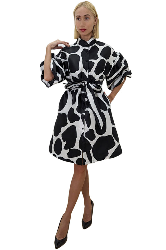 Formal Dresses Puff Sleeve Button Down High Neck Wrap Belt Short Dress Black