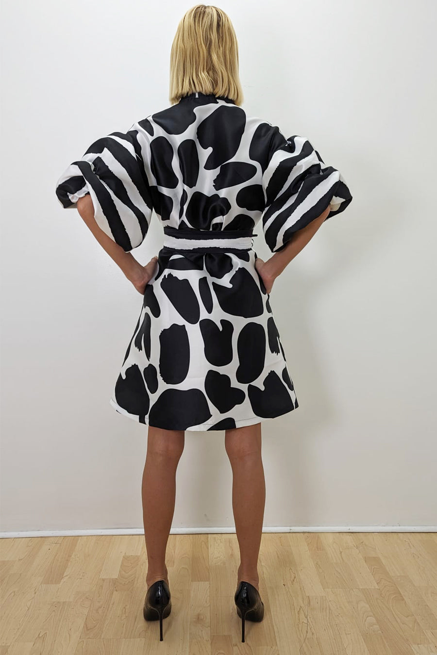 Formal Dresses Puff Sleeve Button Down High Neck Wrap Belt Short Dress Black