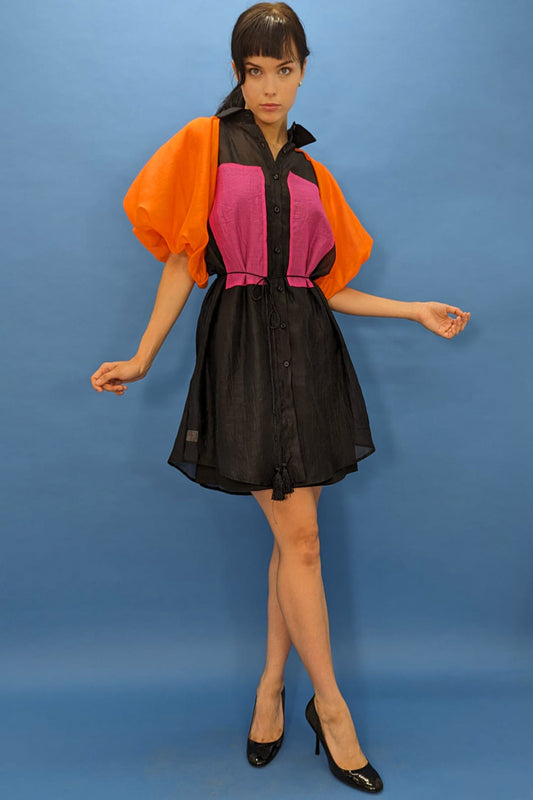 Cocktail Dresses Short Puff Sleeve Button Down Rope Tie Sheer Short Dress Multi