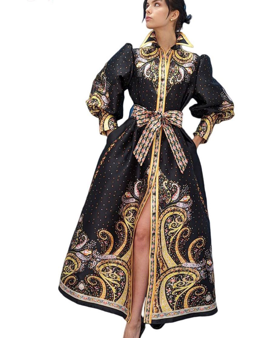 Formal Dresses Long Puff Sleeve Button Down Wrap Belt Midi Dress Black