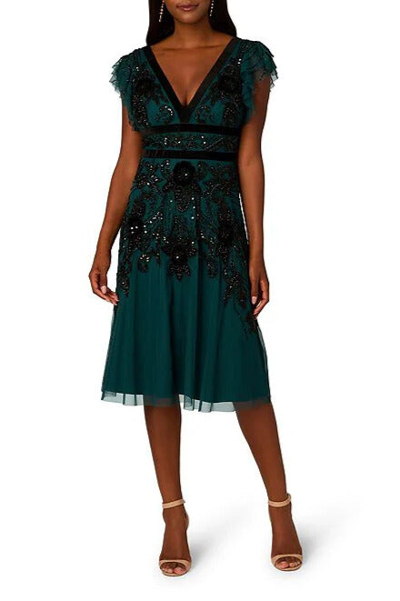 Cocktail Dresses Short Beaded Velvet Cocktail Midi Dress Gem Green