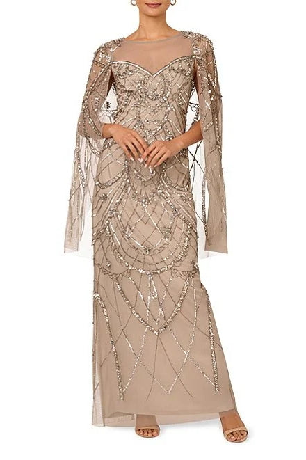 Formal Dresses Beaded Long Formal Evening Cape Dress Platinum