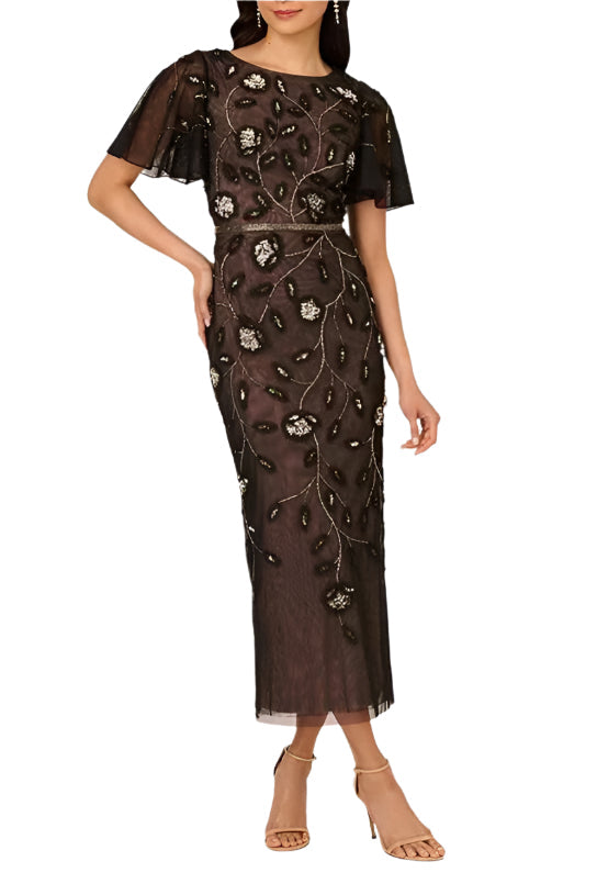 Formal Dresses Beaded Formal Sequin Tea Length Dress Black Rose Gold