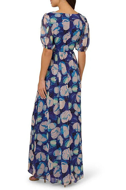 Formal Dresses Floral Long Print Formal Pleated Evening Dress Blue Multi