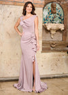 Formal Dresses Long Ruffle High Slit Formal Evening Dress Latte