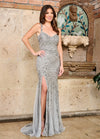 Prom Dresses Long High Slit Formal Beaded Evening Dress Silver