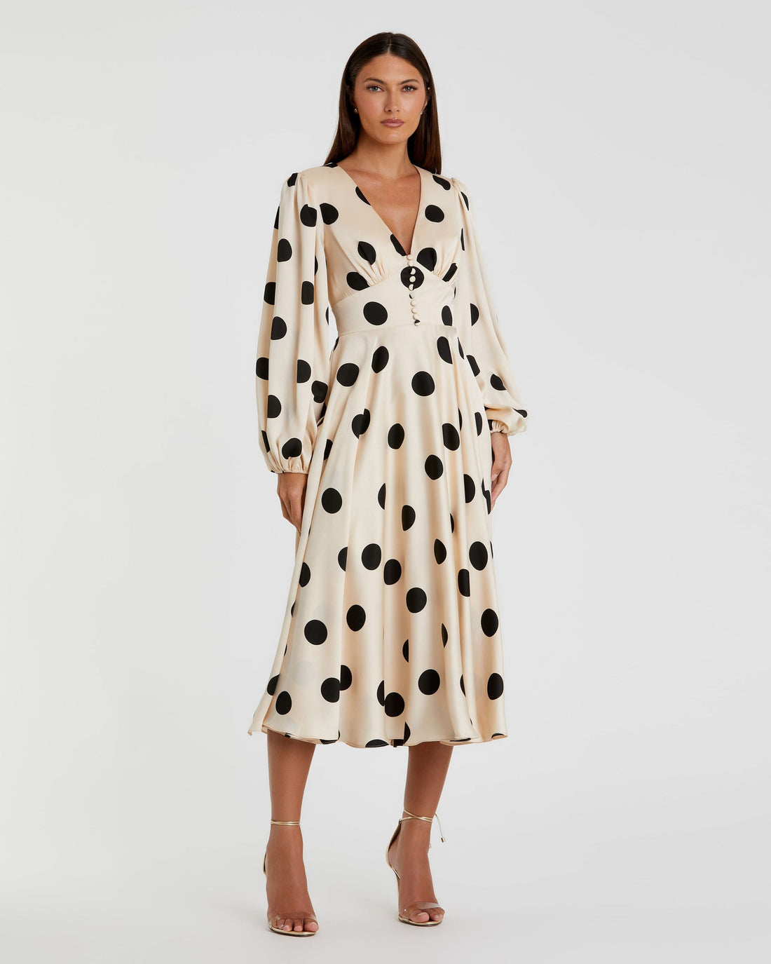 Cocktail Dresses Long Sleeve Polka Dot Printed Midi Cocktail Dress Cream Black