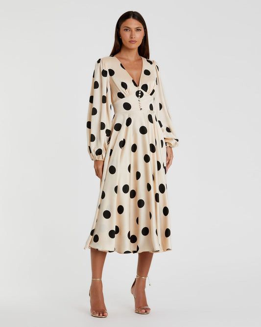 Cocktail Dresses Long Sleeve Polka Dot Printed Midi Cocktail Dress Cream Black