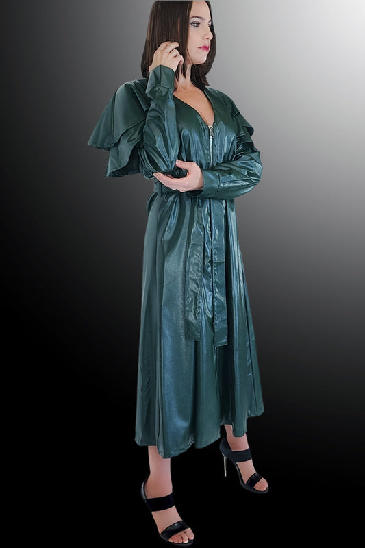 Cocktail Dresses Long Sleeve V Neck Fron Zipper Coat Dress Green