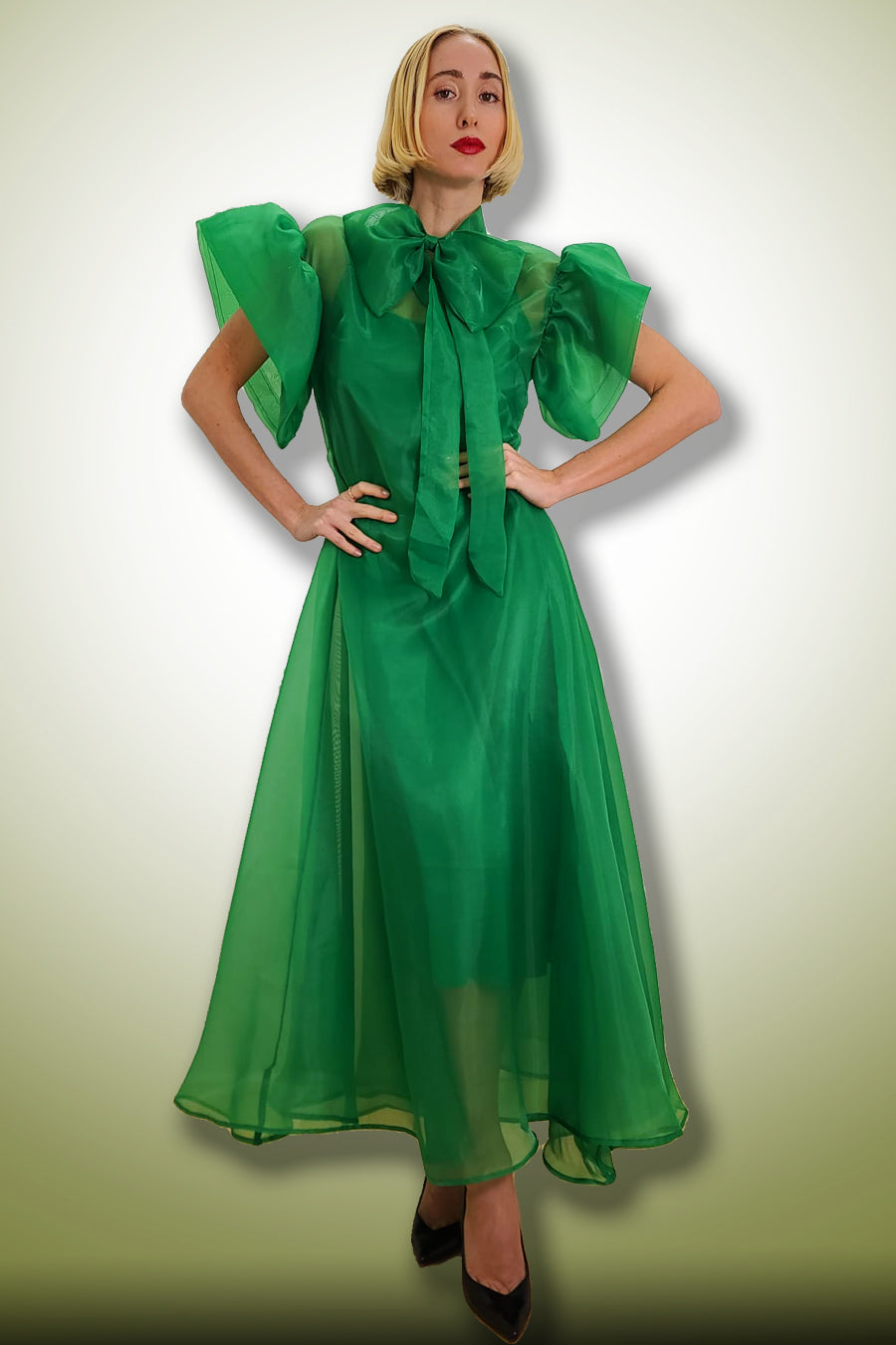 Formal Dresses Flutter Sleeve Chiffon Ribbon Long Dress Green
