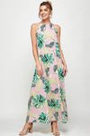 Formal Dresses Long Halter Neck Tropical Print Maxi Dress Pink/Green