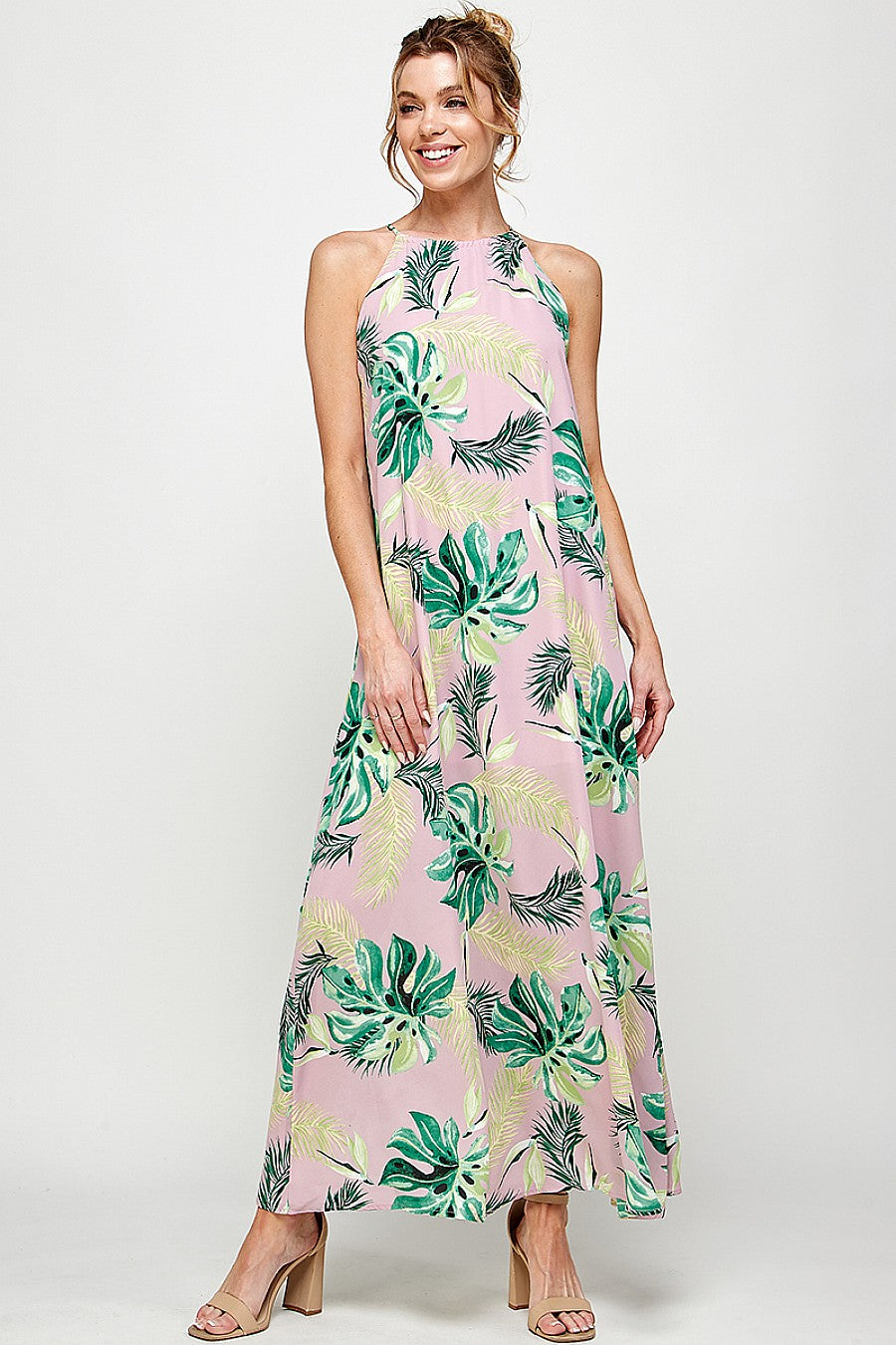 Formal Dresses Long Halter Neck Tropical Print Maxi Dress Pink/Green