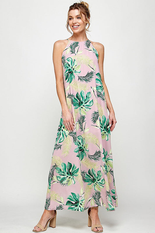 Formal Dresses Long Halter Neck Tropical Print Maxi Dress Pink/Green