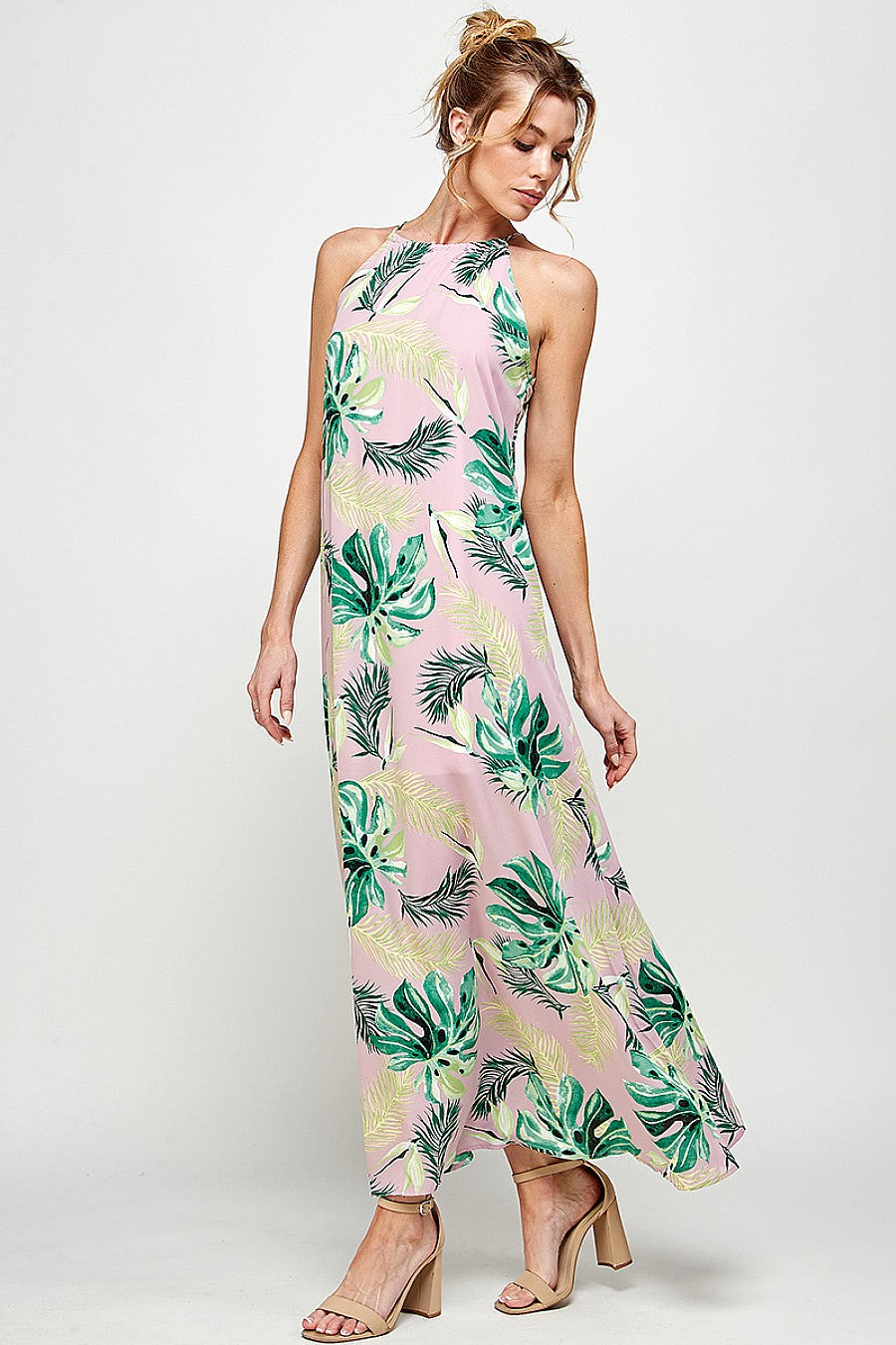 Formal Dresses Long Halter Neck Tropical Print Maxi Dress Pink/Green