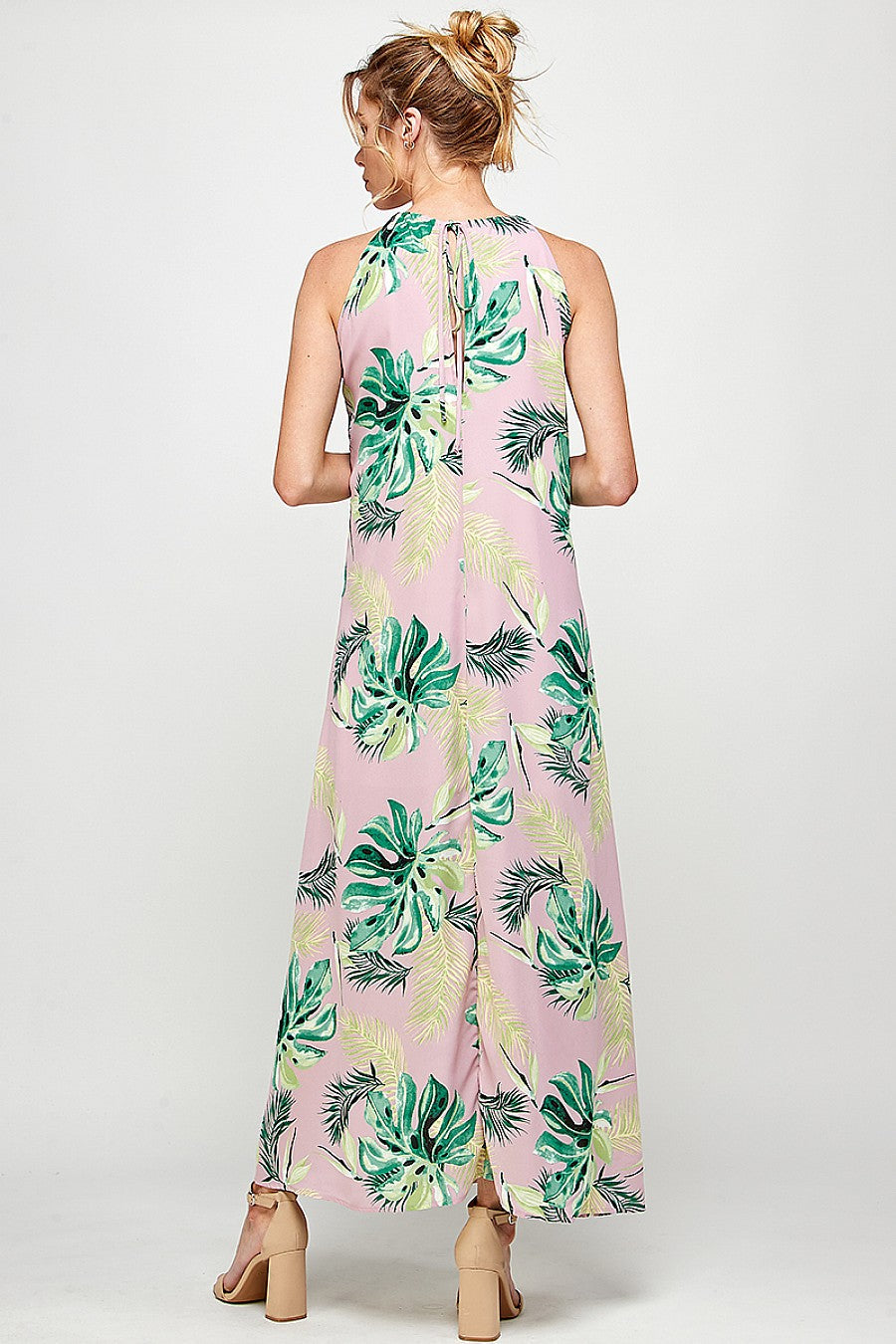 Formal Dresses Long Halter Neck Tropical Print Maxi Dress Pink/Green