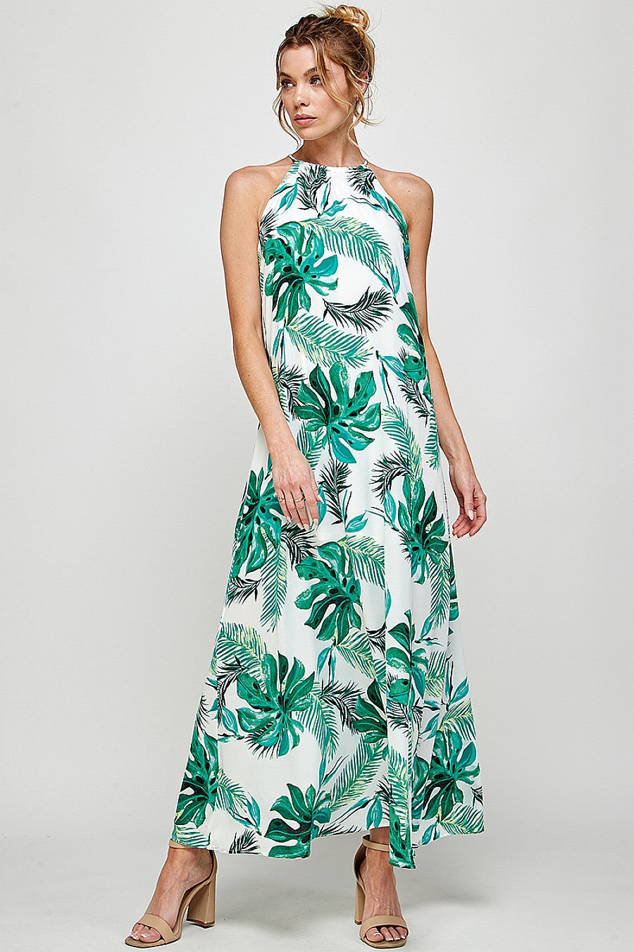 Formal Dresses Long Halter Neck Tropical Print Maxi Dress White/Green