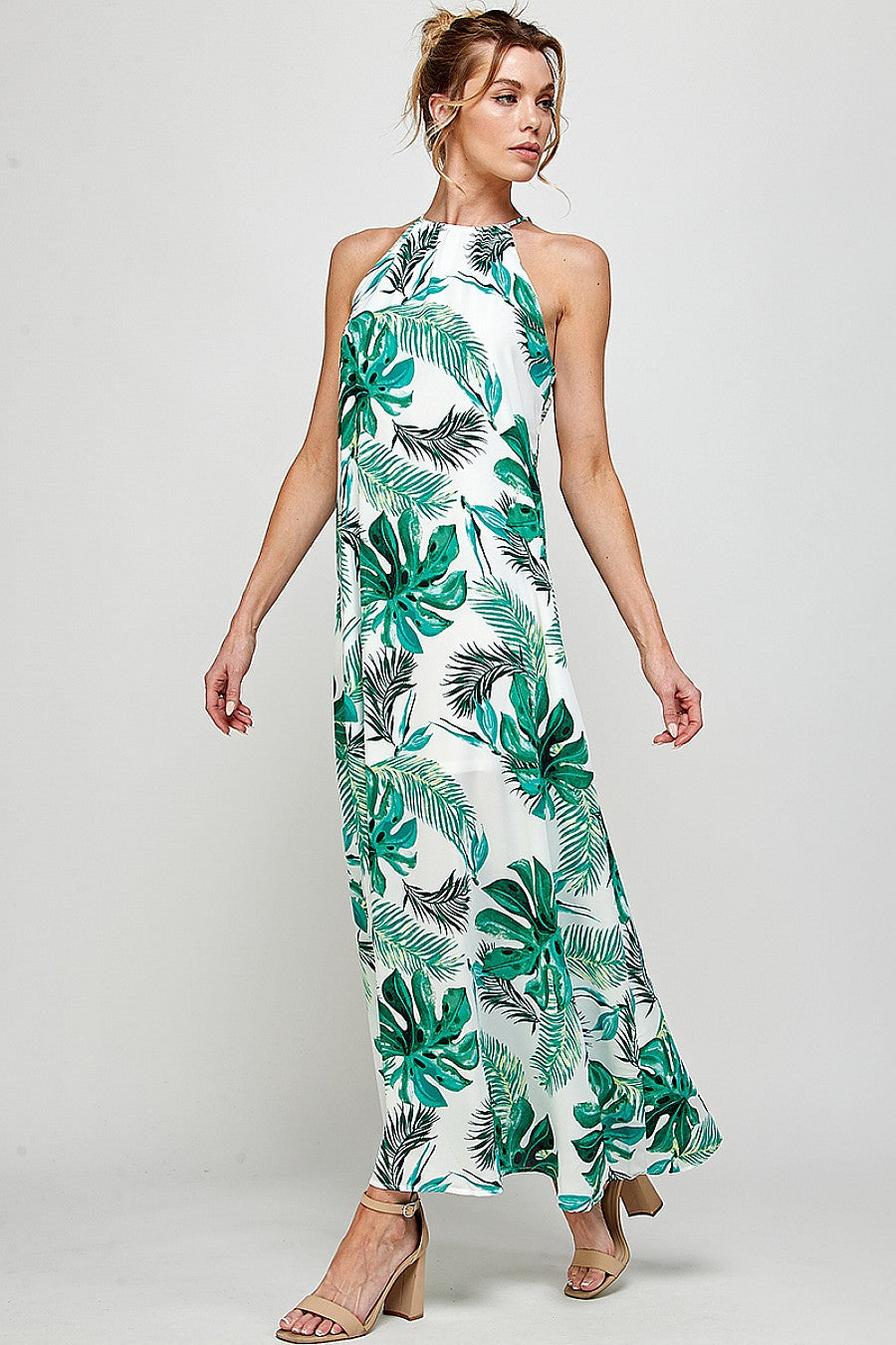 Formal Dresses Long Halter Neck Tropical Print Maxi Dress White/Green