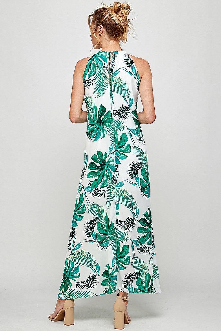 Formal Dresses Long Halter Neck Tropical Print Maxi Dress White/Green