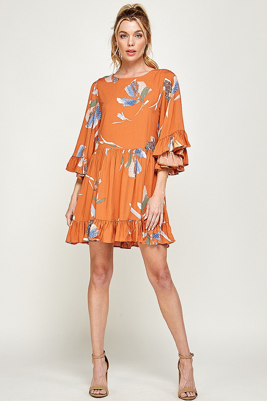 Cocktail Dresses Short Printed Ruffled Dress Cognac