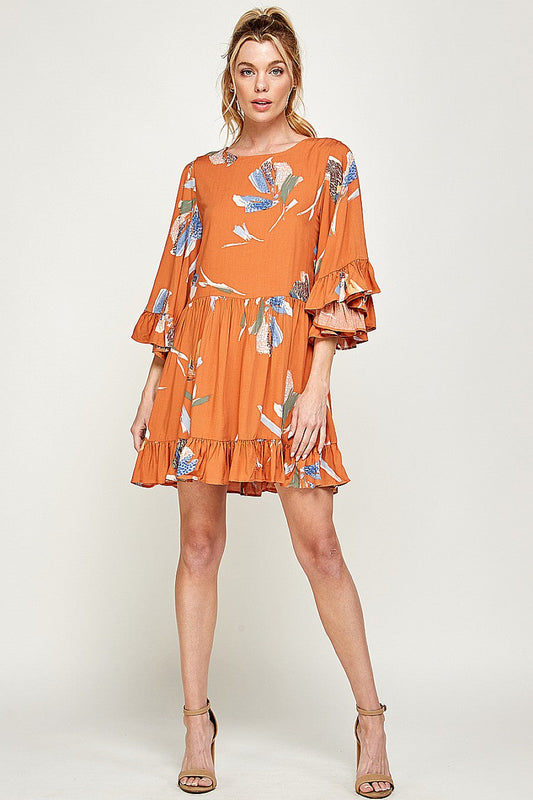 Cocktail Dresses Short Printed Ruffled Dress Cognac