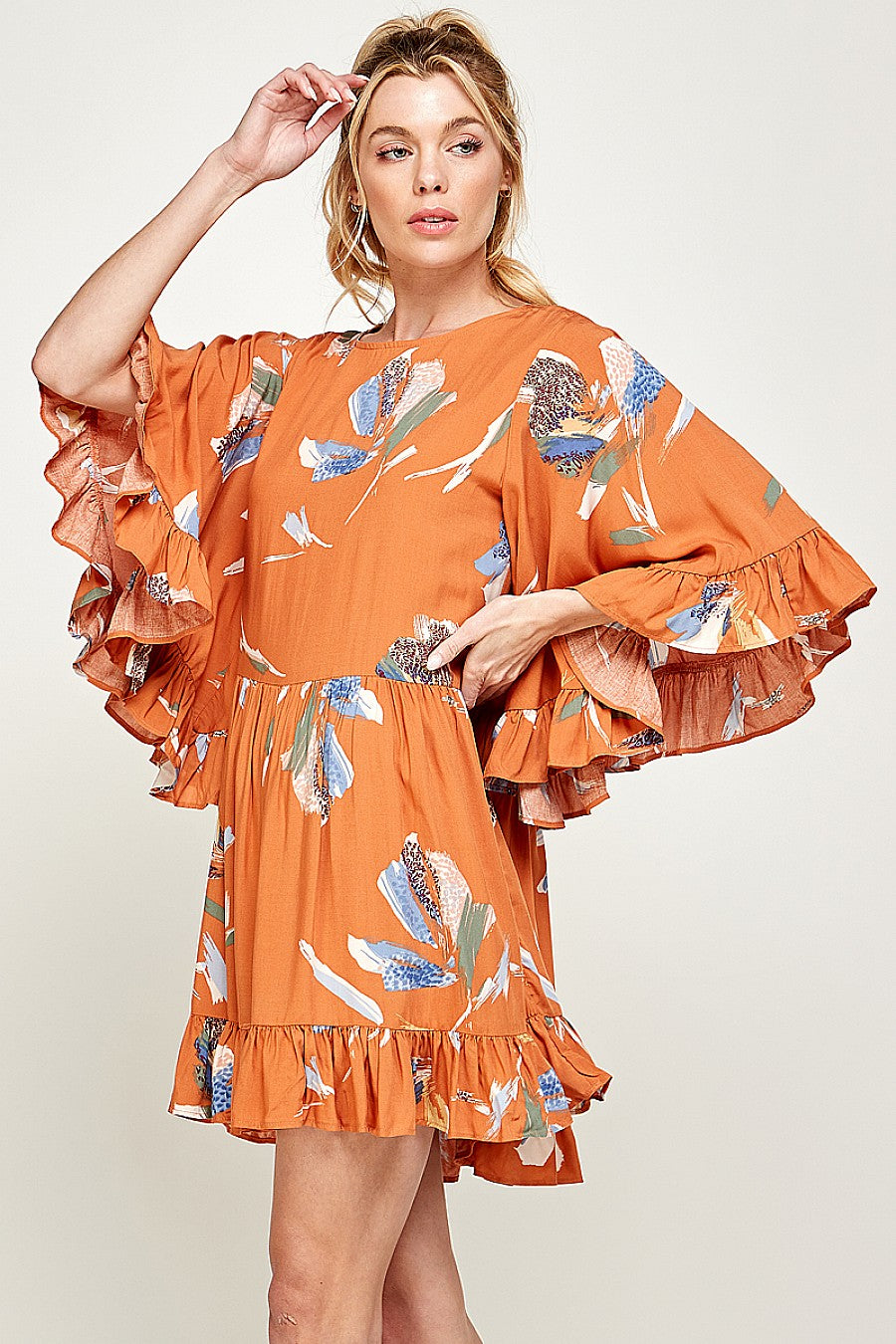 Cocktail Dresses Short Printed Ruffled Dress Cognac