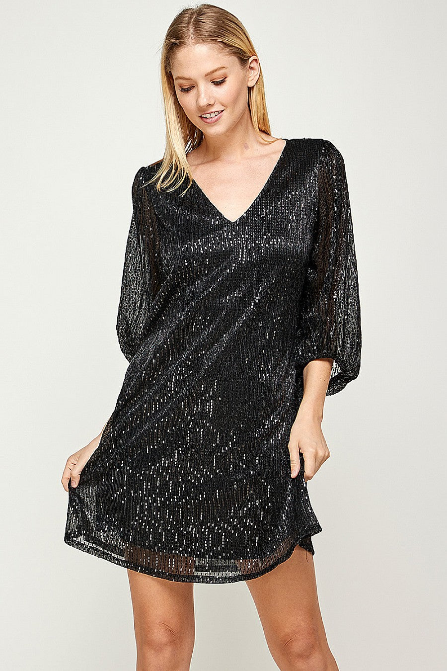 Cocktail Dresses Short 3/4 Sleeve V Neck Mini Dress Black