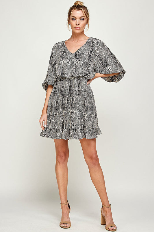 Cocktail Dresses Short V Neck Printed Ruffled Dress Black/Taupe