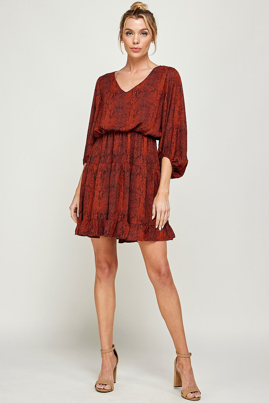 Cocktail Dresses Short V Neck Printed Ruffled Dress Cognac