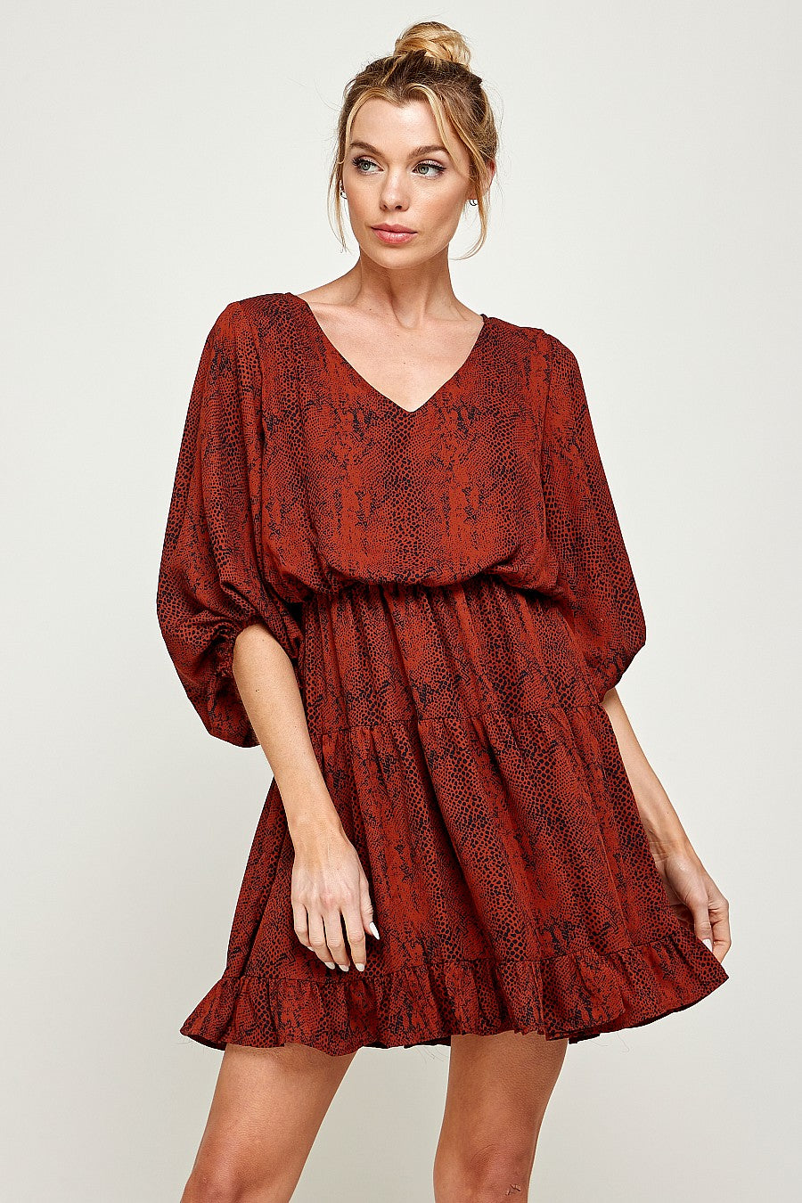 Cocktail Dresses Short V Neck Printed Ruffled Dress Cognac