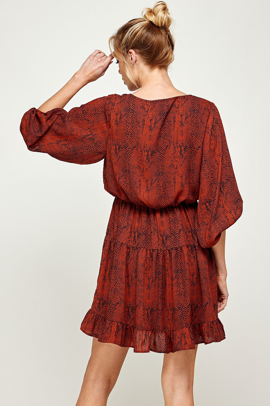 Cocktail Dresses Short V Neck Printed Ruffled Dress Cognac