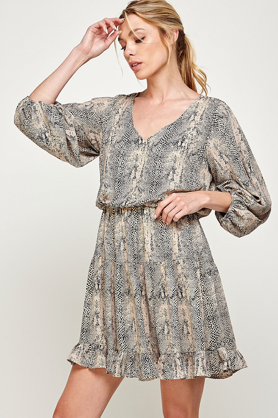 Cocktail Dresses Short V Neck Printed Ruffled Dress Taupe/Black