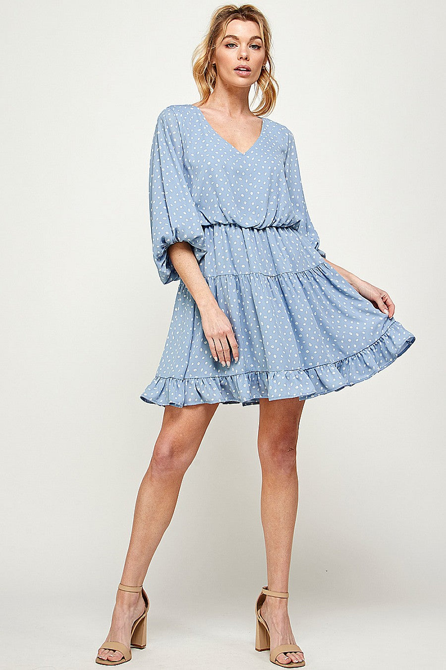 Cocktail Dresses Short Printed 3/4 Sleeve Ruffled Dress Blue