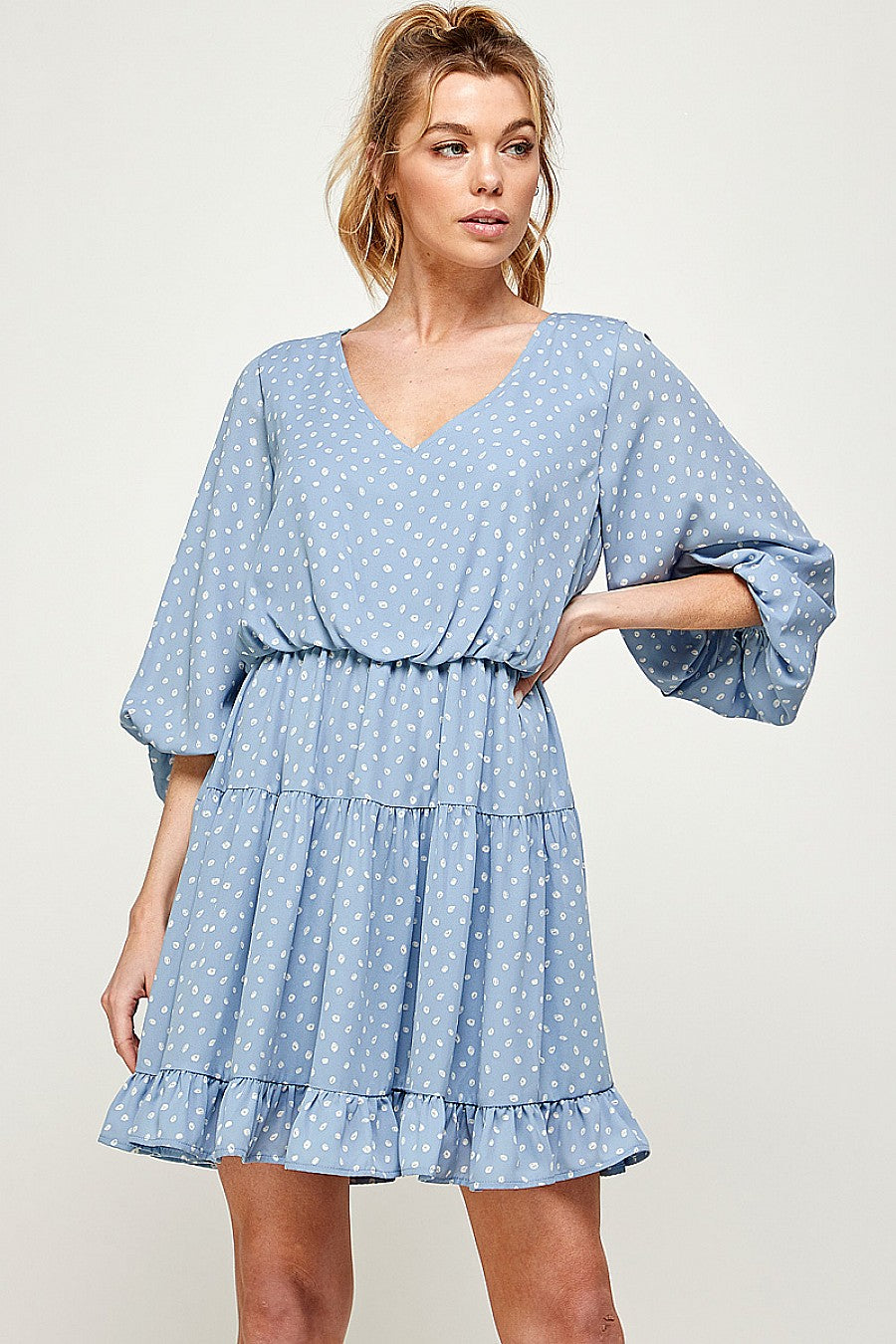 Cocktail Dresses Short Printed 3/4 Sleeve Ruffled Dress Blue