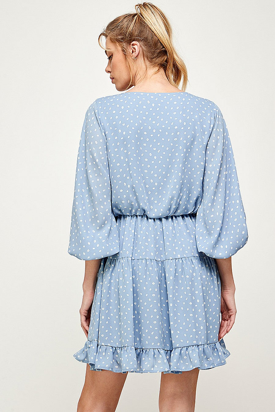 Cocktail Dresses Short Printed 3/4 Sleeve Ruffled Dress Blue