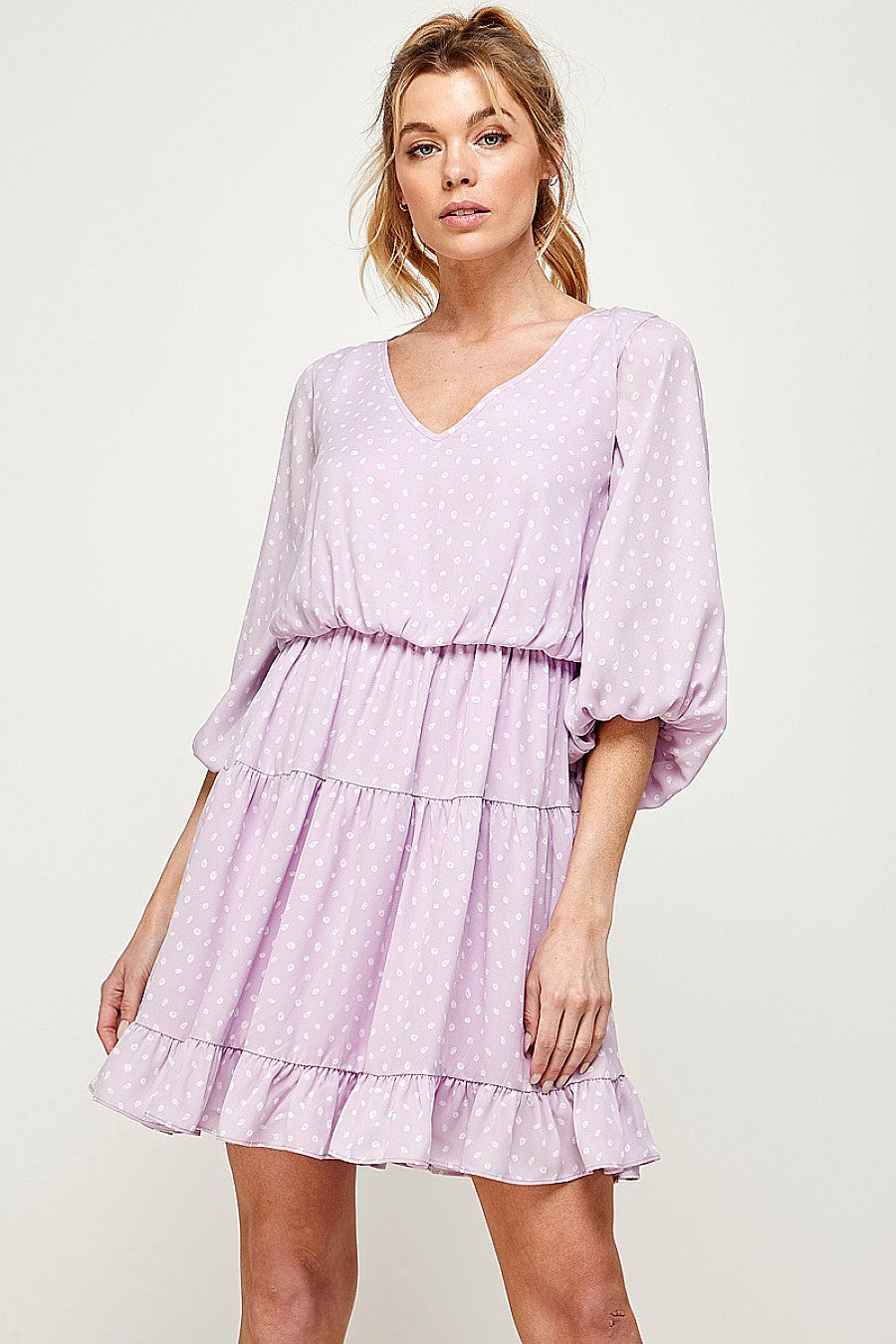 Cocktail Dresses Short Printed 3/4 Sleeve Ruffled Dress Lavender