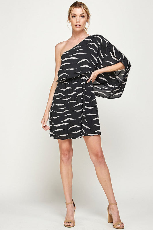 Cocktail Dresses Printed One Shoulder Short Dress Black/Taupe