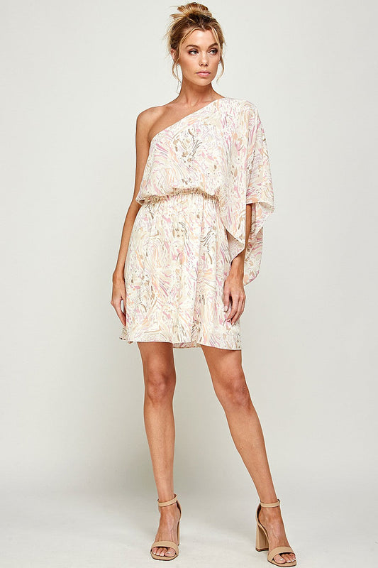 Cocktail Dresses Short Printed One Shoulder Dress Ivory/Pink