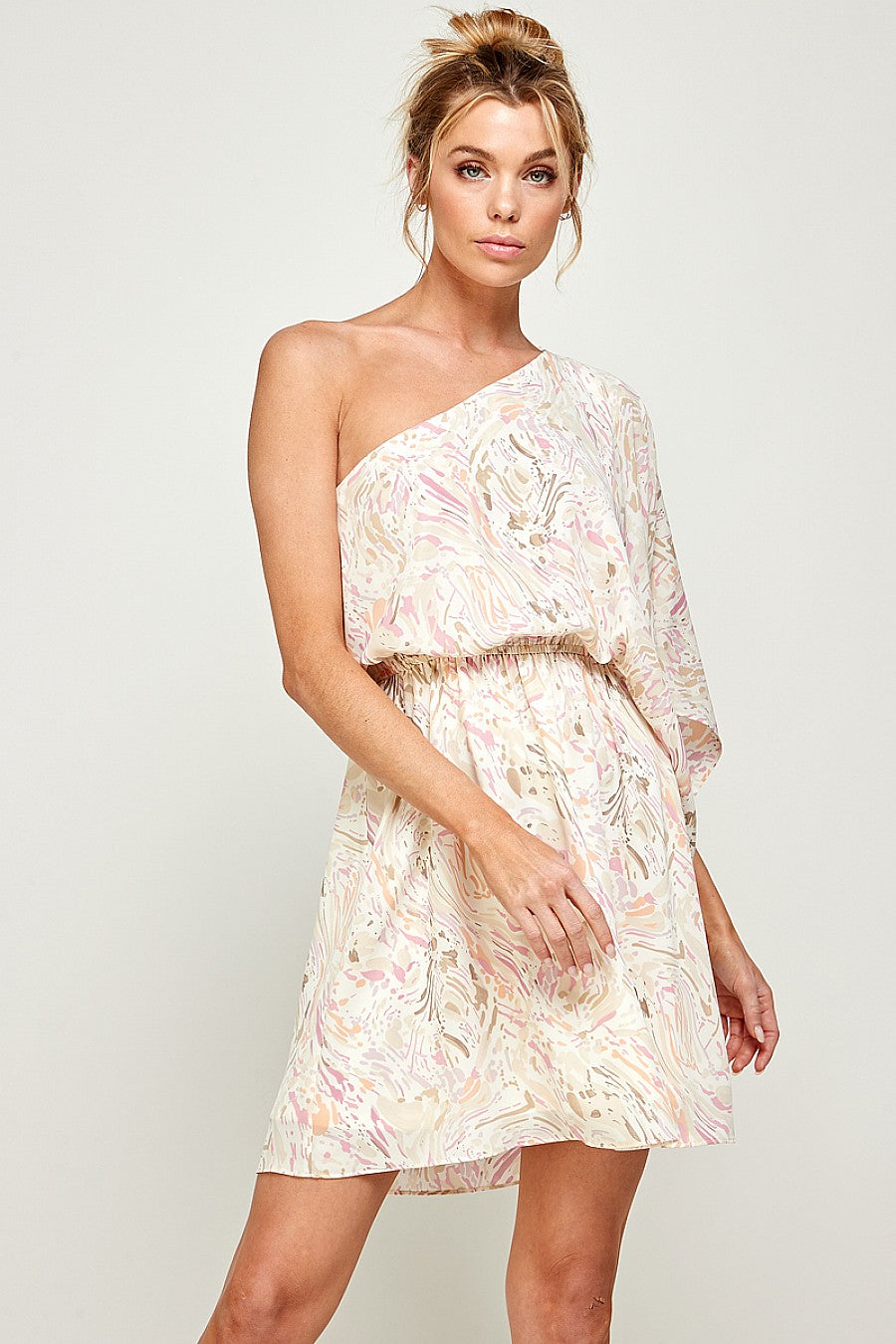Cocktail Dresses Short Printed One Shoulder Dress Ivory/Pink