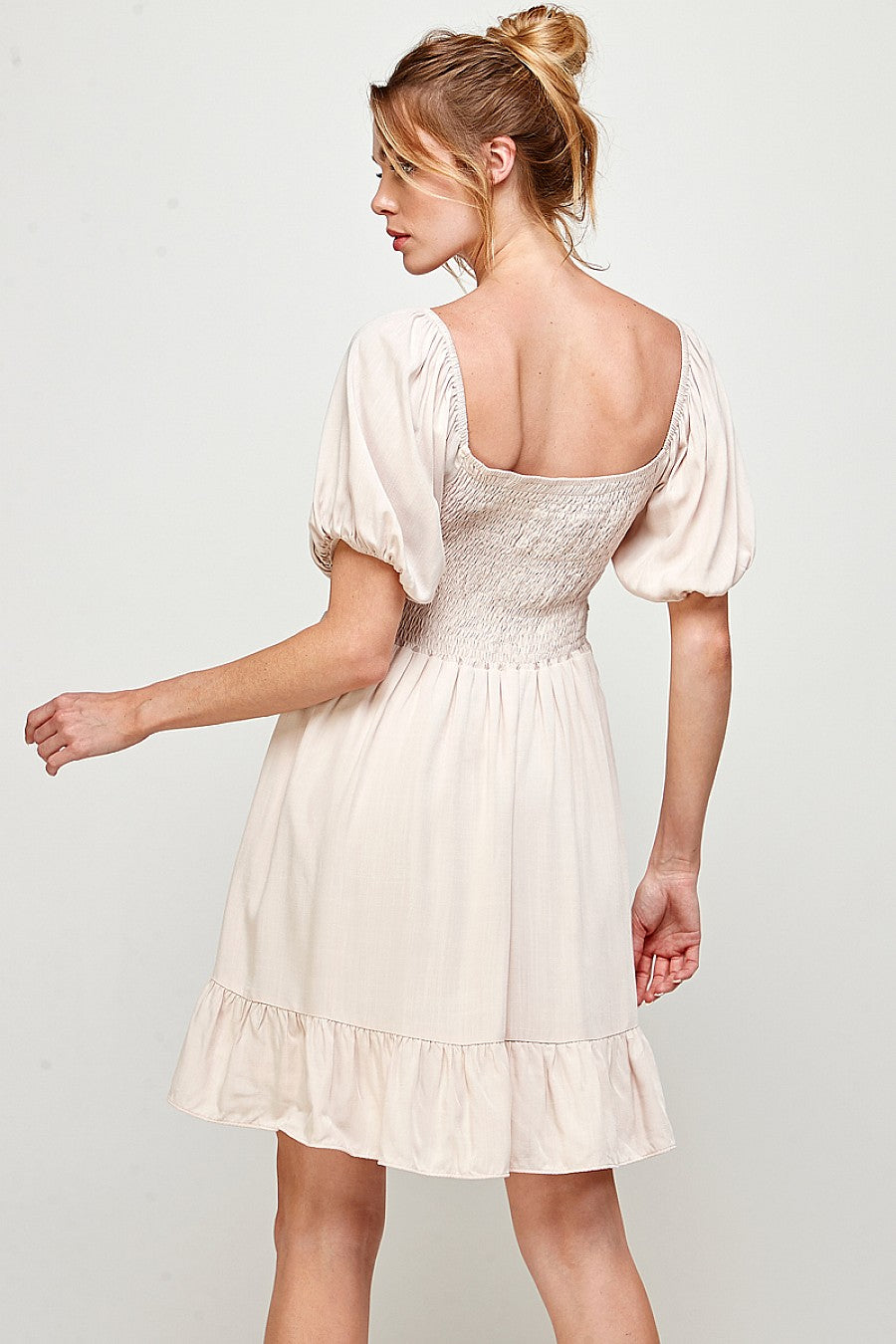 Cocktail Dresses Short Puff Sleeve Square Neck Mini Dress Oatmeal