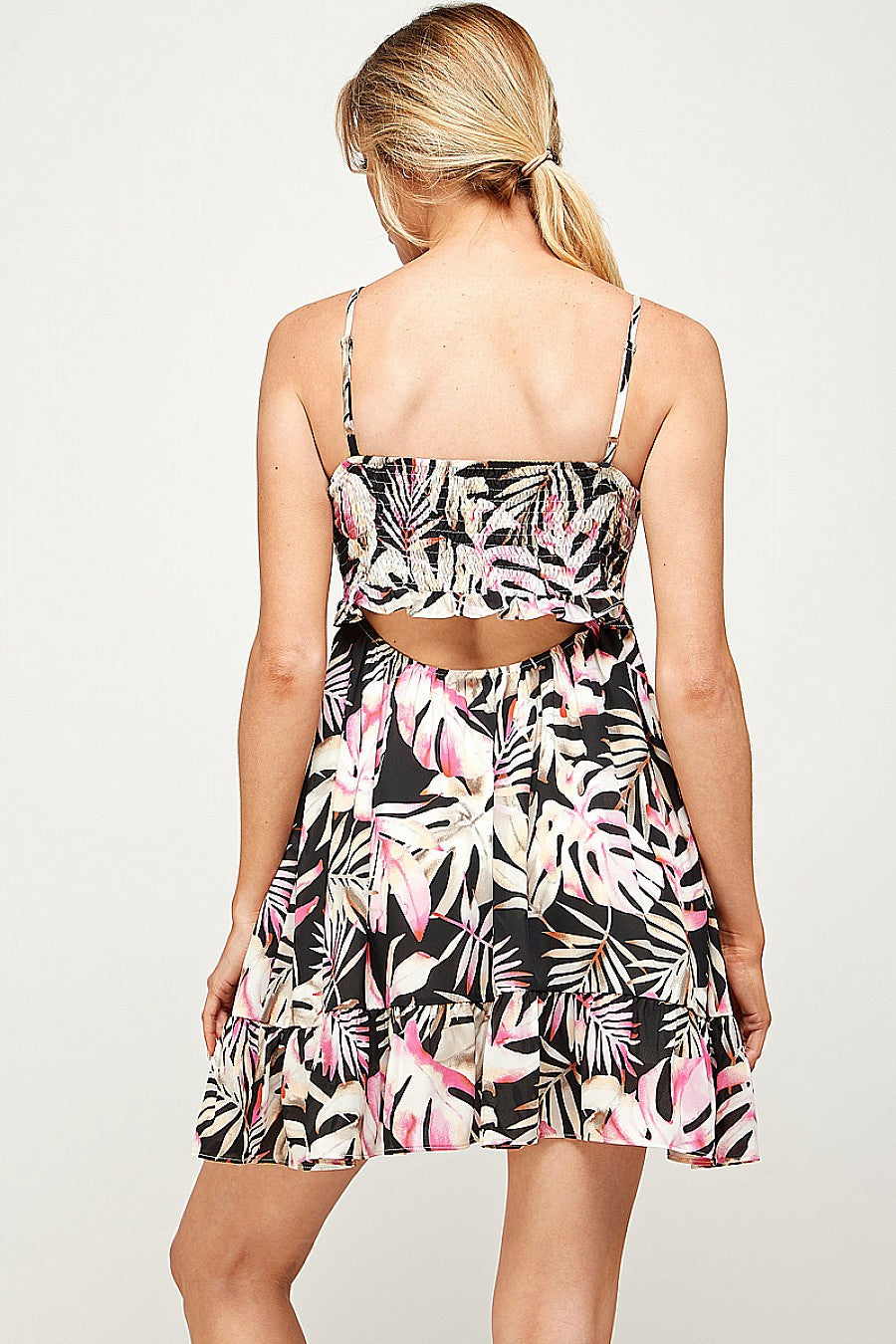 Cocktail Dresses Short Spaghetti Strap Tropical Print Dress Black