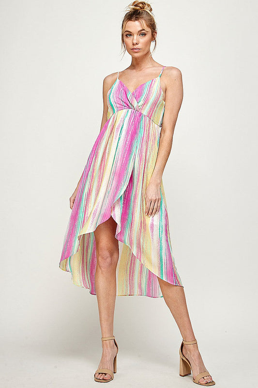 Cocktail Dresses High Low Spaghetti Strap Printed Dress Fuchsia/Green/Yellow