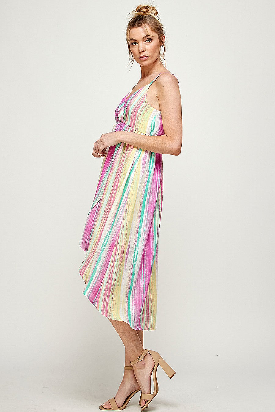 Cocktail Dresses High Low Spaghetti Strap Printed Dress Fuchsia/Green/Yellow