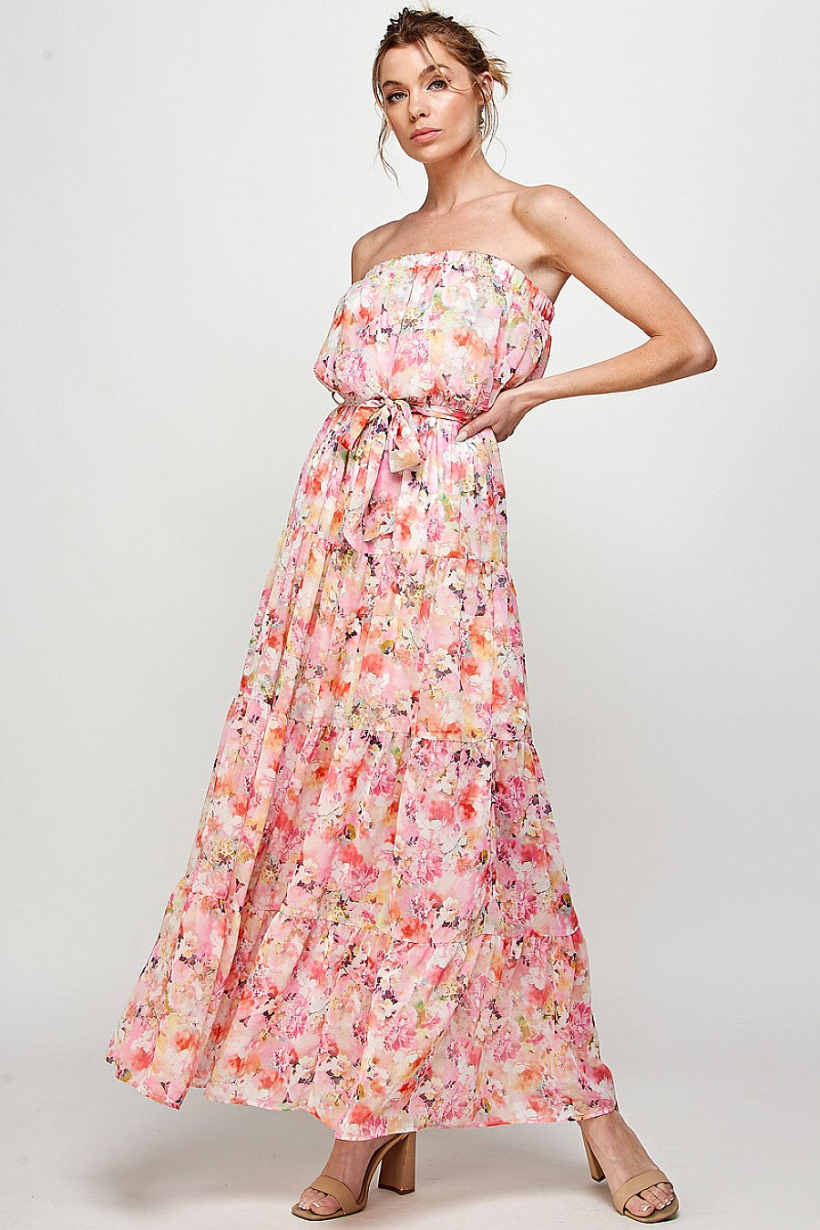 Formal Dresses Long Strapless Floral Print Maxi Dress Coral/Pink