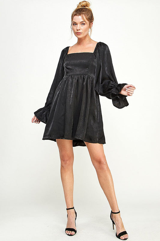 Cocktail Dresses Short Square Neck Long Sleeve Mini Dress Black