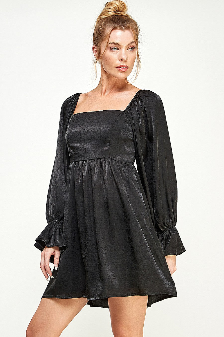 Cocktail Dresses Short Square Neck Long Sleeve Mini Dress Black