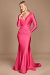 A stunning fuchsia long sleeve formal fitted evening dress, elegantly tailored to accentuate the silhouette, featuring a sophisticated neckline and flowing fabric that cascades gracefully to the floor.