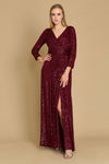 A stunning burgundy long sleeve formal dress adorned with intricate hand-beaded sequins, perfect for elegant evening events.