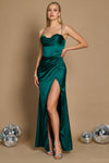 A stunning emerald green long prom dress featuring a draped corset design and a flowing cowl neckline, elegantly cascading to the floor.