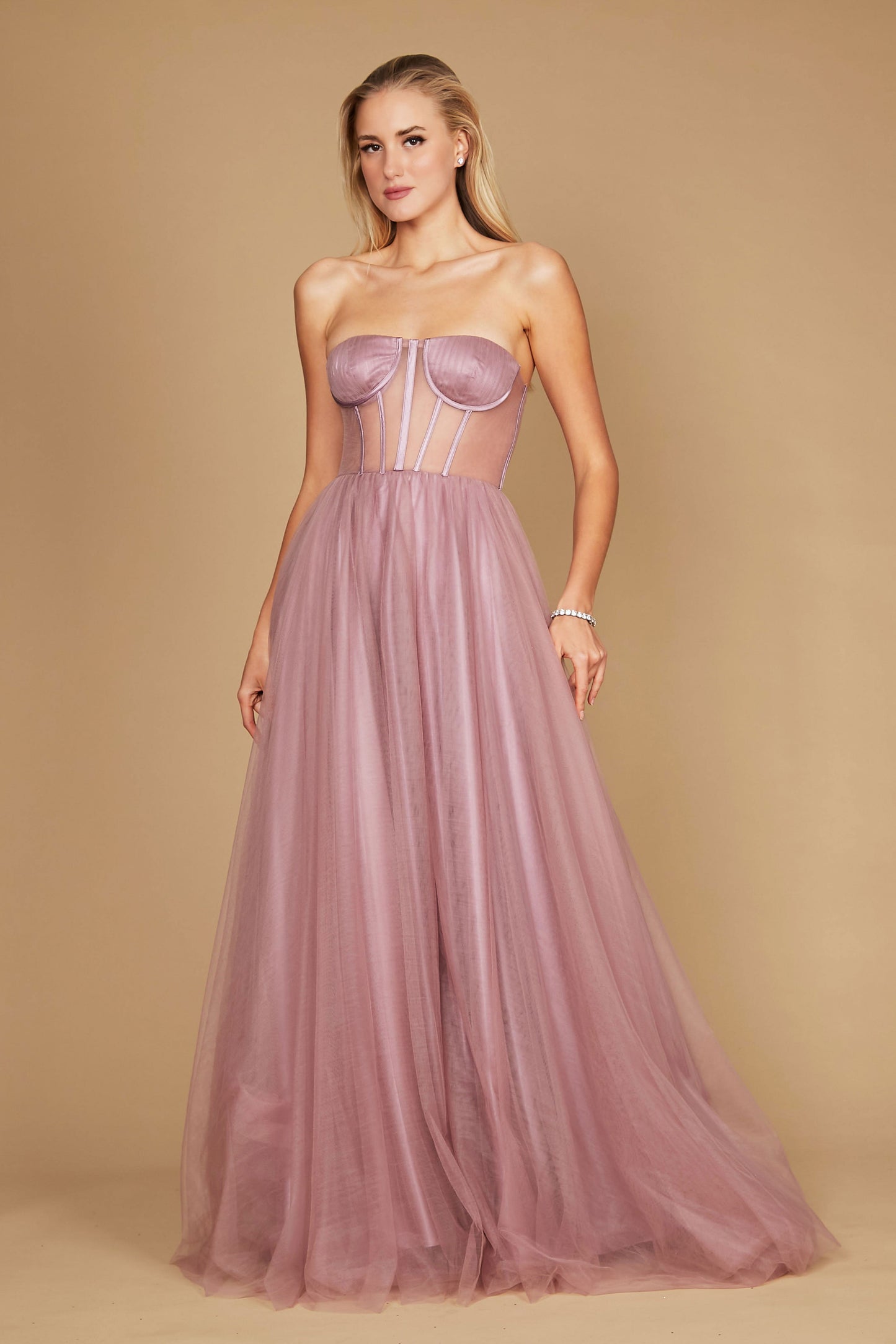 A stunning mauve corset prom party dress featuring intricate detailing, designed for formal occasions, with a flowing ball gown silhouette that exudes elegance and sophistication.