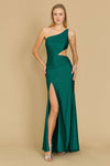 A stunning emerald green prom dress featuring elegant side cutouts, showcasing a blend of sophistication and allure, perfect for a formal evening event.